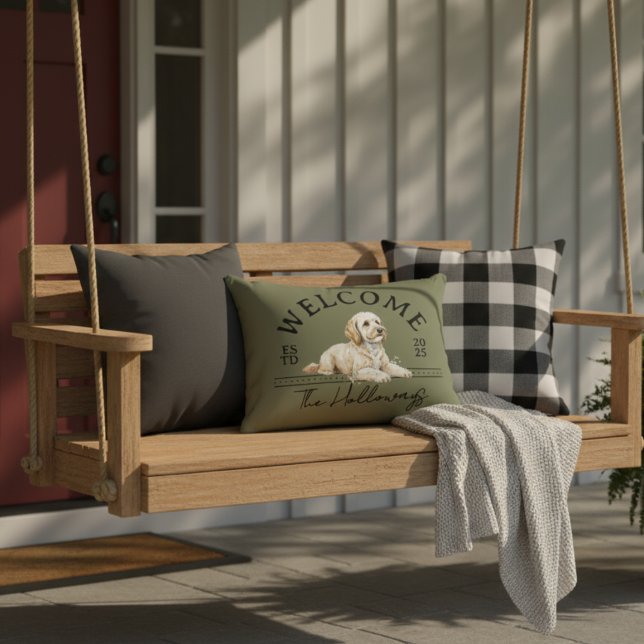 Golden Doodle Family Name Welcome Accent Pillow (Welcome guests to your home with this Golden Doodle Custom Family Name Welcome throw pillow!)