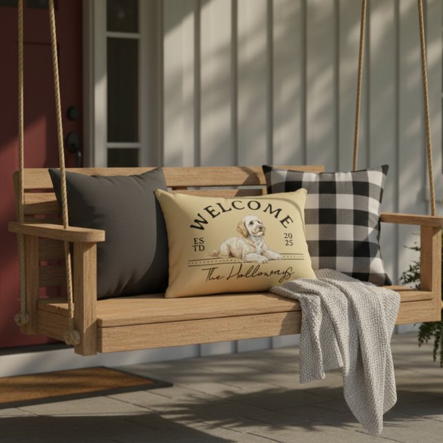 Golden Doodle Family Name Welcome Accent Pillow (Welcome guests to home with this Golden Doodle Custom Family Name Welcome Throw Pillow!)