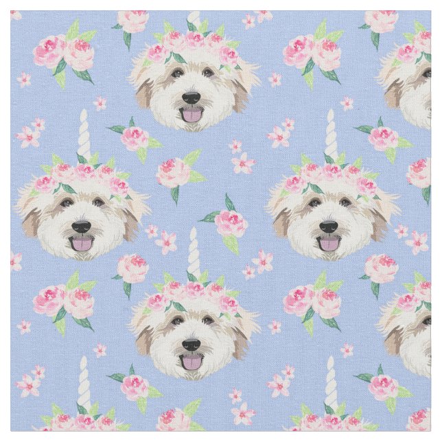 Golden Doodle flower crown periwinkle Fabric (Close Up)