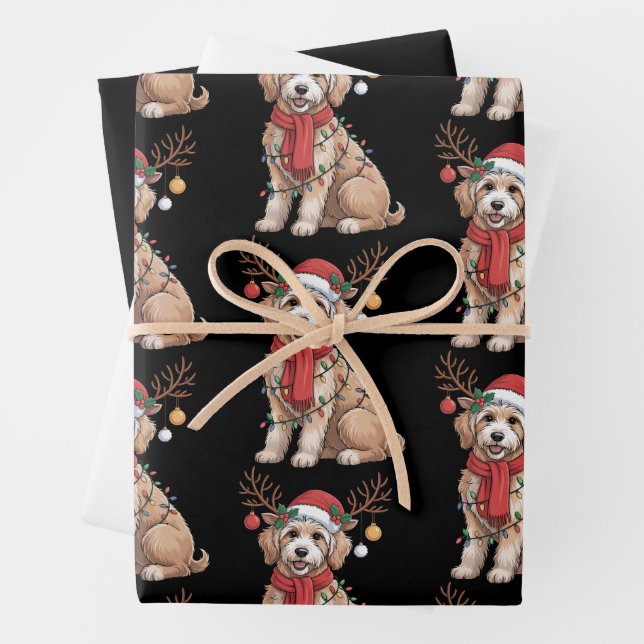 Golden Doodle Gorgeous Reindeer Christmas Tree  Wrapping Paper Sheets (In situ)