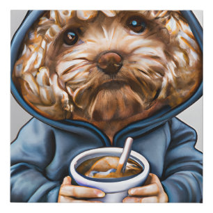 Golden Doodle in a Hoody Holding a Cup Faux Canvas Print