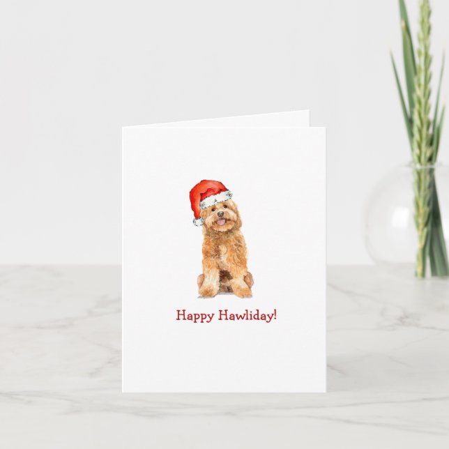 Golden doodle in Santa hat Folded Holiday  Card (Front)