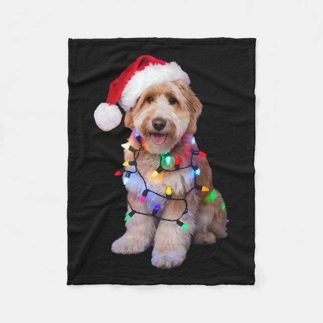 Golden Doodle In Santa Hat Wrapped Up In Christmas Fleece Blanket (Front)