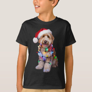 Golden Doodle In Santa Hat Wrapped Up In Christmas T-Shirt