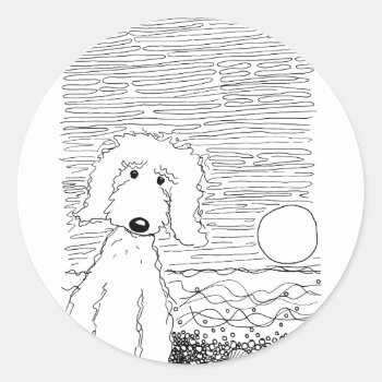 Golden Doodle On The Beach Classic Round Sticker by Ellie_Doodle at Zazzle