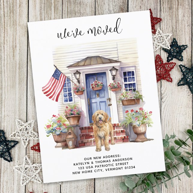 Golden Doodle Patriotic Personalized Dog Moving Announcement Postcard (Creator Uploaded)