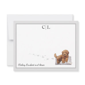 Golden Doodle Puppy Dog Gray Border Monogram Name  Note Card