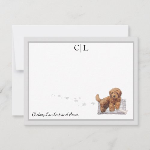Golden Doodle Puppy Dog Gray Border Monogram Name  Note Card