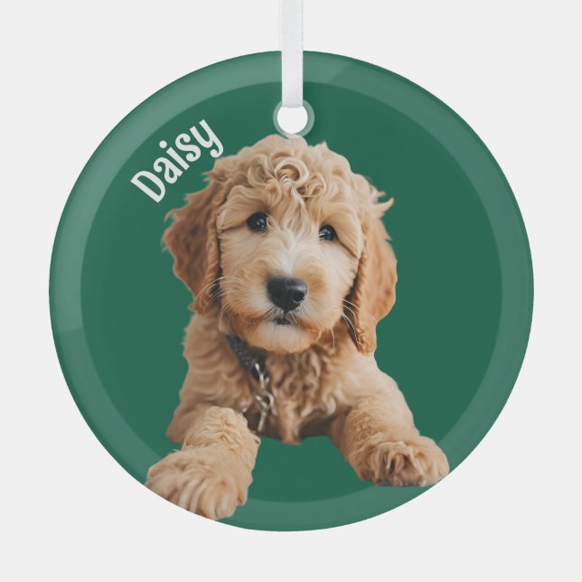 Golden Doodle Puppy Glass Ornament (Front)