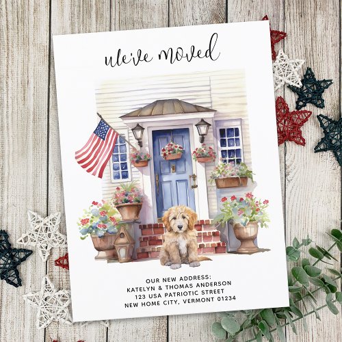 Golden Doodle Puppy Patriotic Custom Dog Moving Announcement Postcard