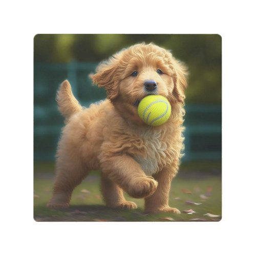 Golden Doodle Puppy Plays Ball Metal Print