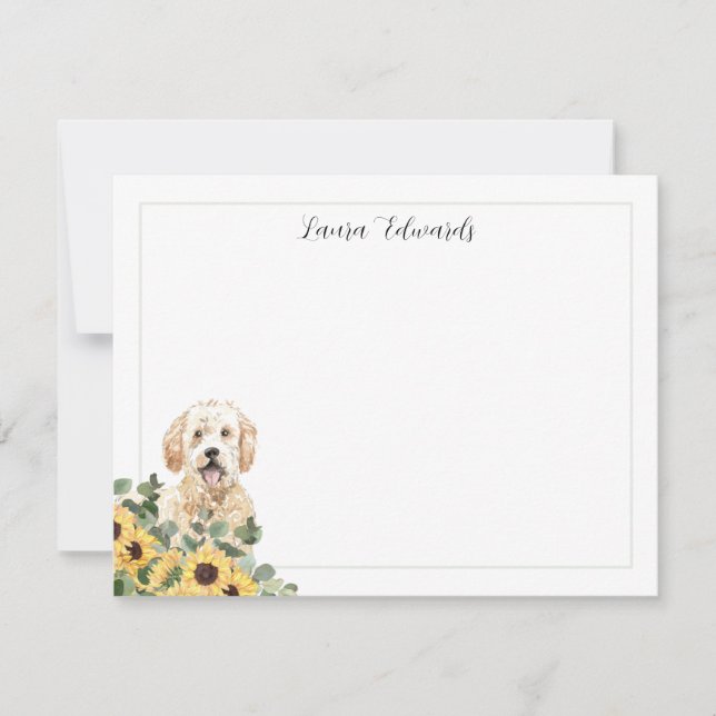 Golden Doodle Sunflower Eucalyptus Personalized Note Card (Front)