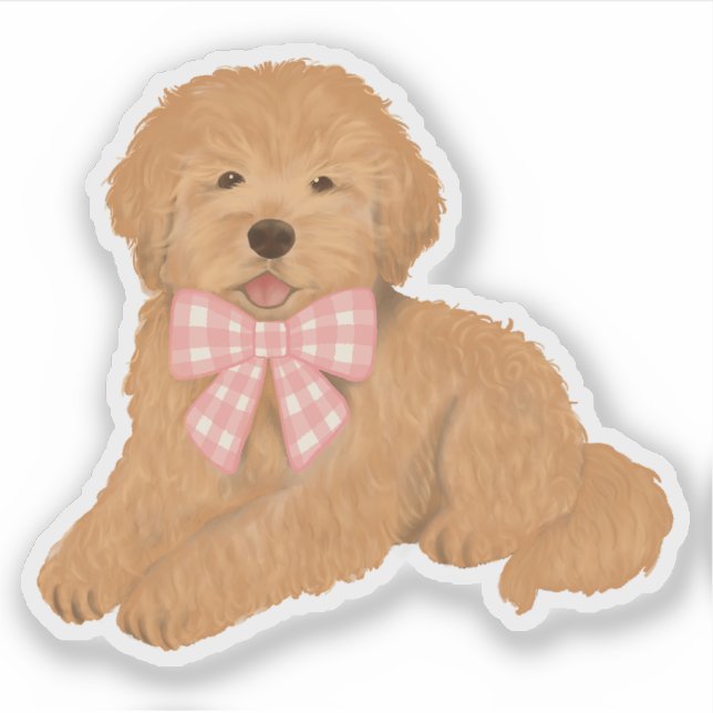 Golden Doodle with Pink Gingham Bow Party Favor Sticker (Front)