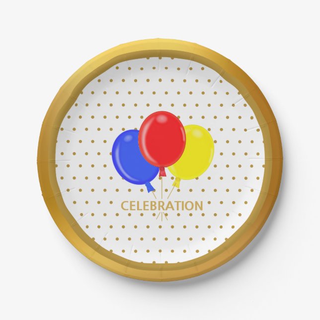 Golden Dots and Balloons Paper Plates (Front)