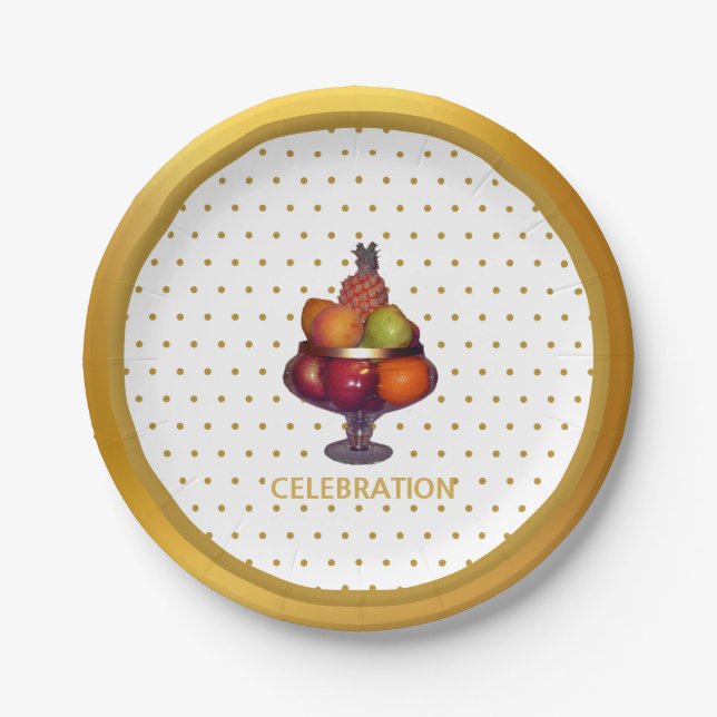 Golden Dots and Fruits Paper Plates (Front)