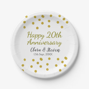 Golden dots glitter happy 20th anniversary wedding paper plates