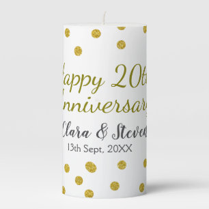 Golden dots glitter happy 20th anniversary wedding pillar candle