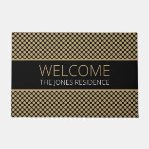 Golden Dots Pattern On Black Name Personalized Doormat