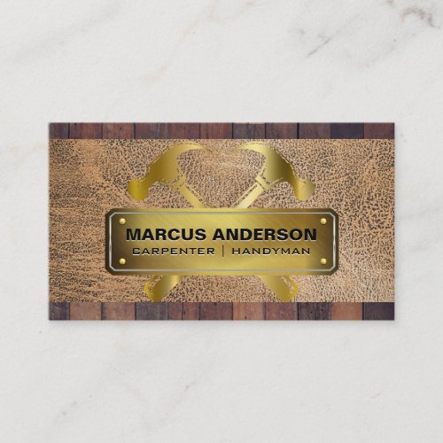 Golden Double Hammers | Wood Leather Business Card