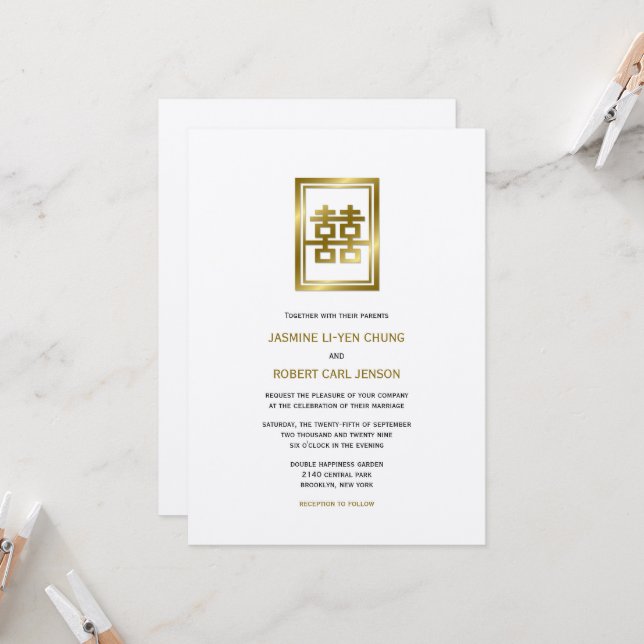 Golden Double Happiness Classic Chinese Wedding Invitation (Front/Back In Situ)