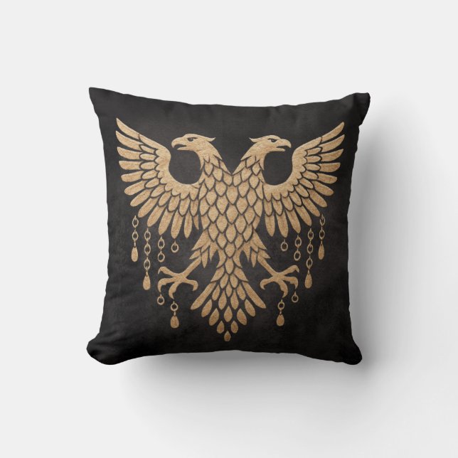 Golden Double-Headed Eagle – Regal Mythic Emblem o Throw Pillow (Front)