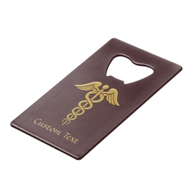 Golden Double Snake Caduceus Credit Card Bottle Opener (Front Angled)