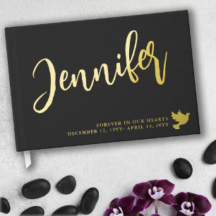 Golden Dove Name in Script Matte Black Memorial Foil Guest Book