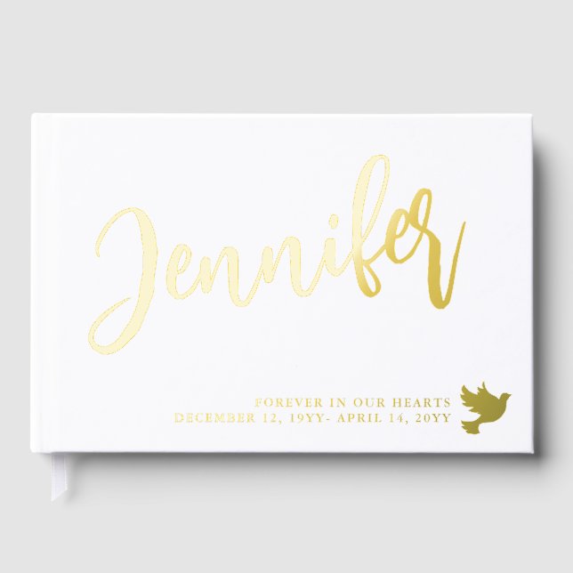Golden Dove Name in Script White Memorial Foil Guest Book (Front)