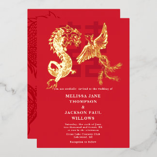 Golden Dragon and Phoenix Chinese wedding Foil Invitation