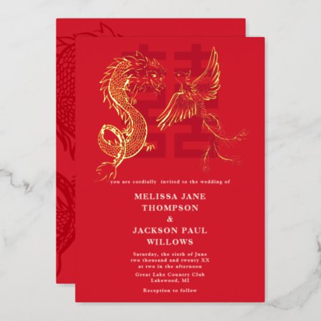 Golden Dragon And Phoenix Chinese Wedding Foil Invitation