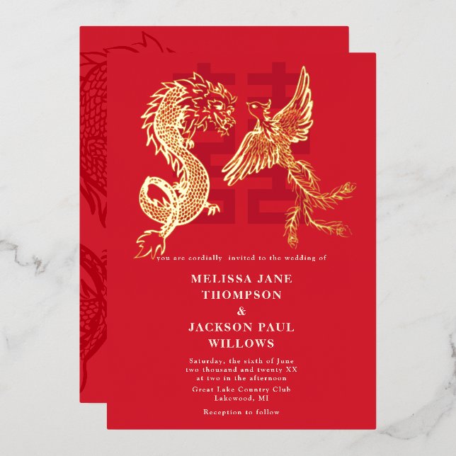 Golden Dragon and Phoenix Chinese wedding Foil Invitation (Front/Back)