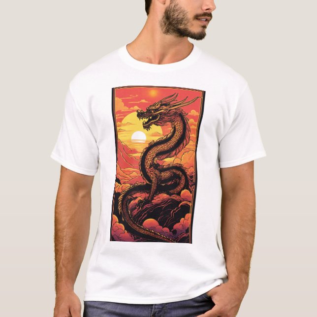 "Golden Dragon at Sunrise – Vaporwave Elegance" T-Shirt (Front)