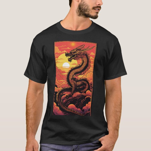 "Golden Dragon at Sunrise – Vaporwave Elegance" T-Shirt (Front)