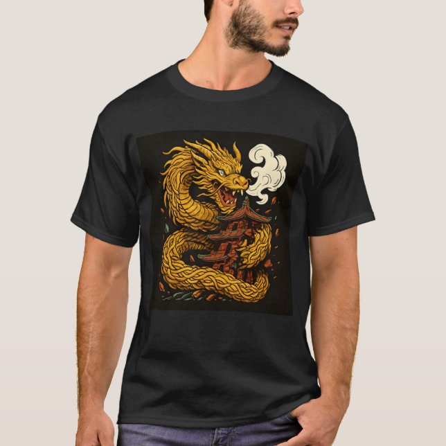 Golden Dragon Attacks Pagoda Art T-Shirt (Front)