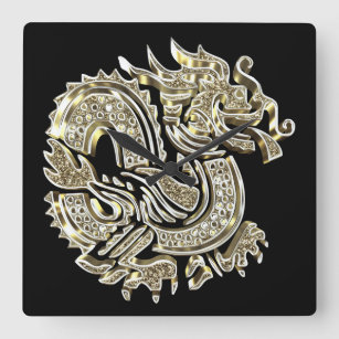 Golden Dragon Black and Gold Elegant Square Wall Clock