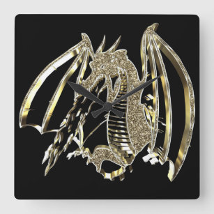 Golden Dragon Black and Gold Fire-breathing Dragon Square Wall Clock