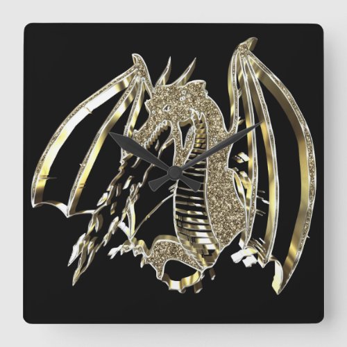 Golden Dragon Black and Gold Fire_breathing Dragon Square Wall Clock