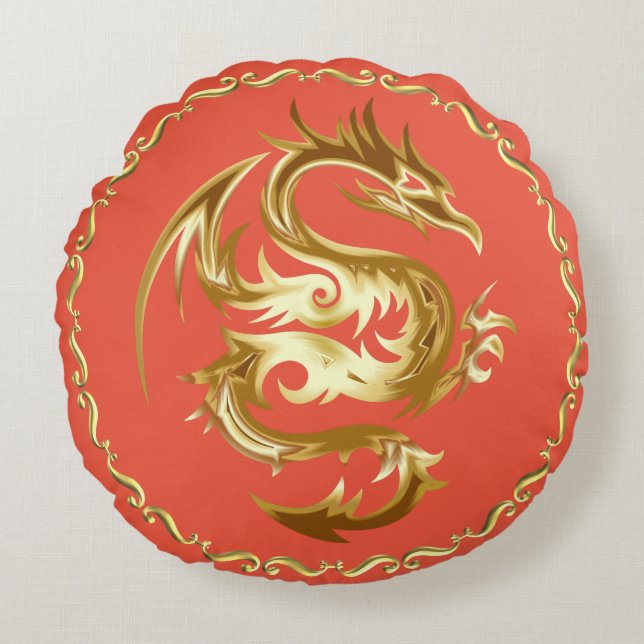 Golden Dragon Emblem Art Round Decorative Pillow (Front)