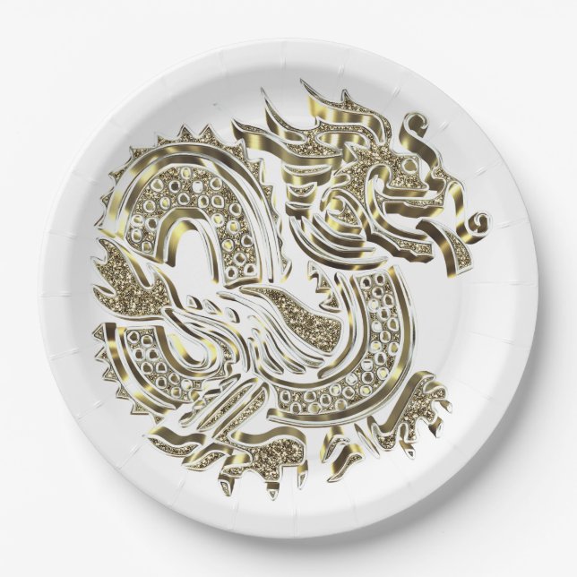 Golden Dragon Faux Gold Foil Logo Elegant Paper Plates (Front)