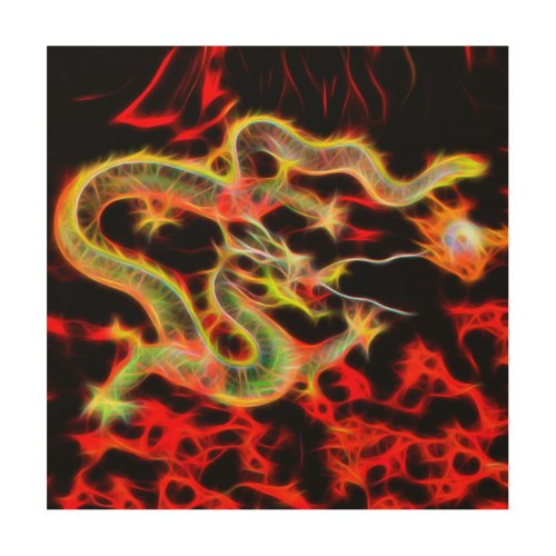 Golden Dragon Fire on Lucky Energy Wood Wall Decor