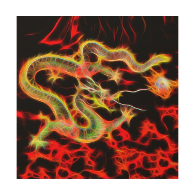 Golden Dragon Fire on Lucky Energy Wood Wall Decor (Front)
