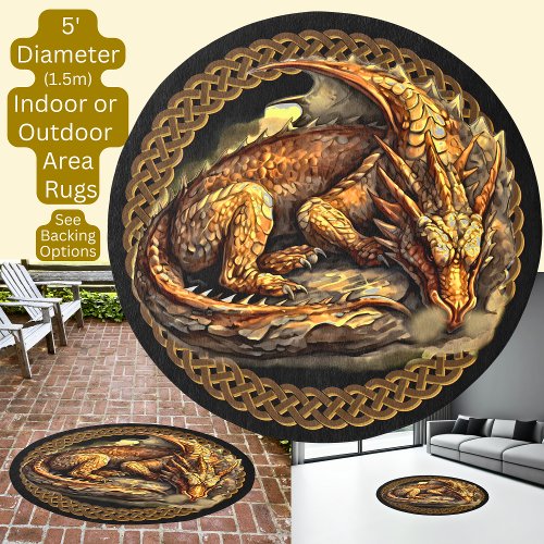 Golden Dragon in Celtic Knot Circle Area Rug