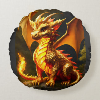 "Golden Dragon Majesty Round Pillow" Round Pillow