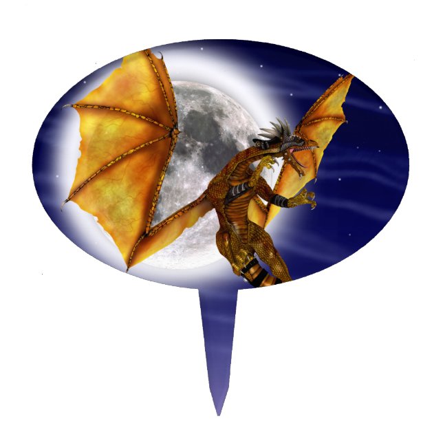 Golden Dragon Mythical Fantasy Creature Purple Sky Cake Topper (Front)