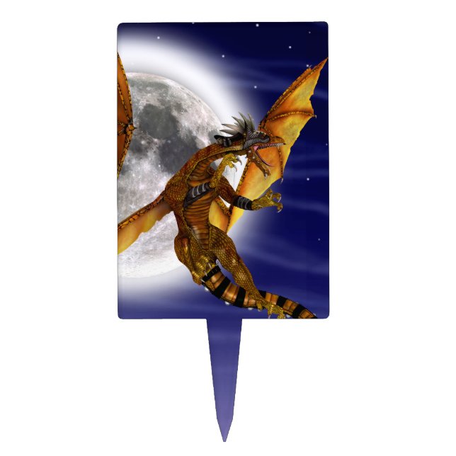 Golden Dragon Mythical Fantasy Creature Purple Sky Cake Topper (Front)