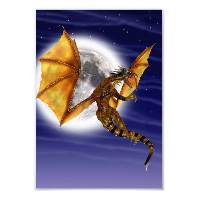 Golden Dragon Mythical Fantasy Creature Purple Sky Photo Print (Front)