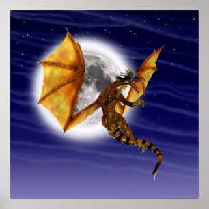 Golden Dragon Mythical Fantasy Creature Purple Sky Poster