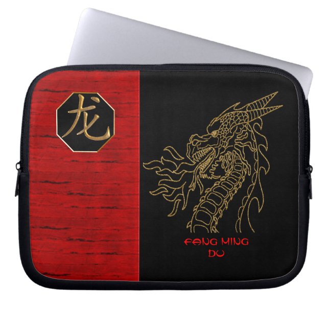 Golden Dragon on Black and Red - Personalized Laptop Sleeve (Front)