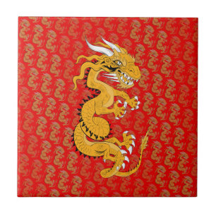 Golden Dragon on Red Ceramic Tile