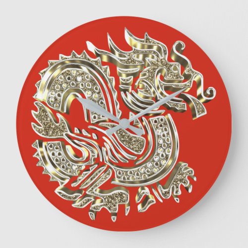 Golden Dragon Red and Gold Elegant Large Clock